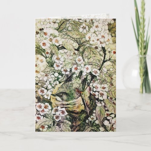 BIRD NESTTREE WITH BROWN WHITE SPRING FLOWERS HOLIDAY CARD