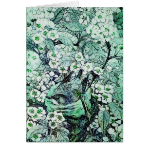BIRD NEST ,TREE WITH GREEN WHITE SPRING FLOWERS CARDS