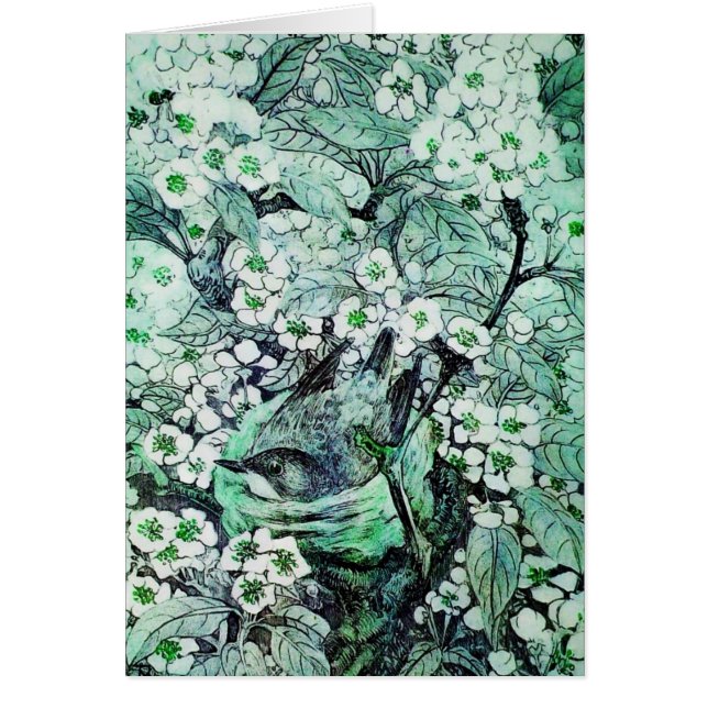 BIRD NEST ,TREE WITH GREEN WHITE SPRING FLOWERS CARDS (Front)
