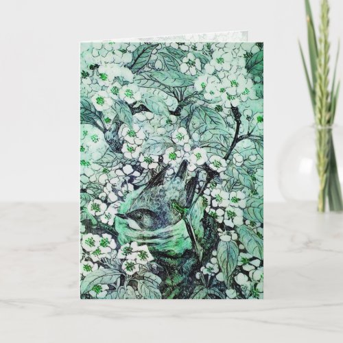 BIRD NEST TREE WITH GREEN WHITE SPRING FLOWERS HOLIDAY CARD