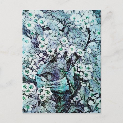 BIRD NEST TREE WITH WHITE BLUE SPRING FLOWERS ANNOUNCEMENT POSTCARD