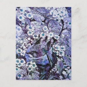 BIRD NEST ,TREE WITH WHITE BLUE SPRING FLOWERS ANNOUNCEMENT POSTCARD