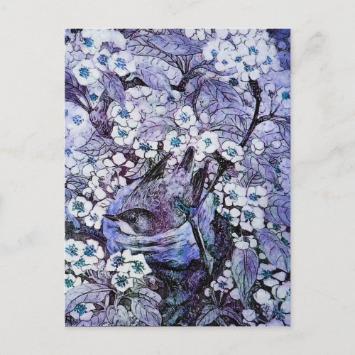 BIRD NEST TREE WITH WHITE BLUE SPRING FLOWERS ANNOUNCEMENT POSTCARD