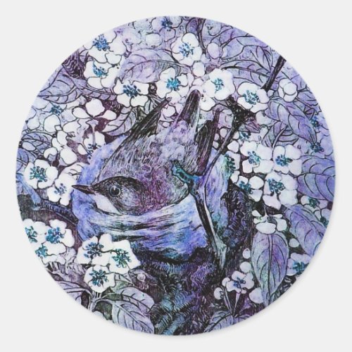 BIRD NEST TREE WITH WHITE BLUE SPRING FLOWERS CLASSIC ROUND STICKER