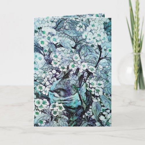 BIRD NEST TREE WITH WHITE BLUE SPRING FLOWERS HOLIDAY CARD