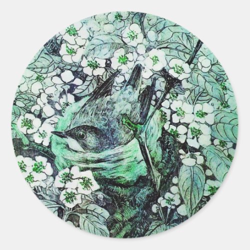 BIRD NEST TREE WITH WHITE GREEN SPRING FLOWERS CLASSIC ROUND STICKER