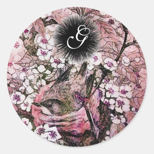 BIRD NEST TREE WITH WHITE PINK FLOWERS MONOGRAM CLASSIC ROUND STICKER