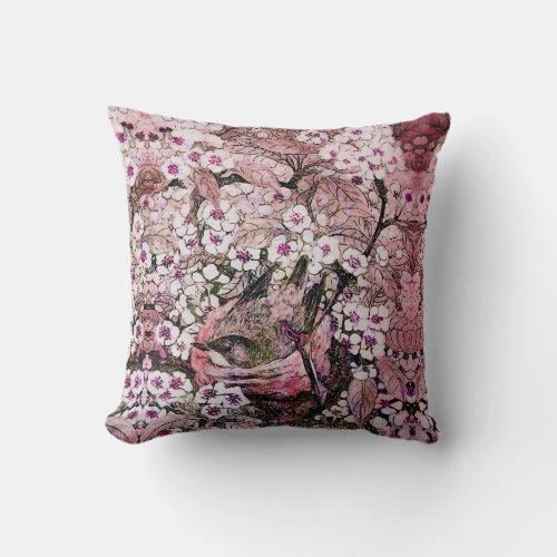 BIRD NEST TREE WITH WHITE PINK SPRING FLOWERS THROW PILLOW