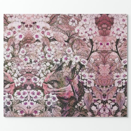 BIRD NEST TREE WITH WHITE PINK SPRING FLOWERS WRAPPING PAPER