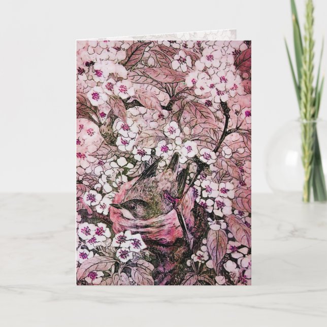BIRD NEST ,TREE WITH WHITE RED PINK SPRING FLOWERS HOLIDAY CARD (Front)