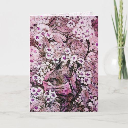 BIRD NEST TREE WITH WHITE RED PINK SPRING FLOWERS HOLIDAY CARD