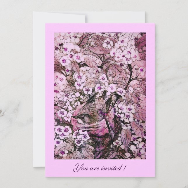 BIRD NEST ,TREE WITH WHITE RED PINK SPRING FLOWERS INVITATION (Front)
