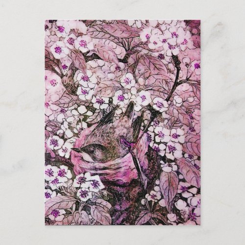 BIRD NEST TREE WITH WHITE RED PINK SPRING FLOWERS POSTCARD