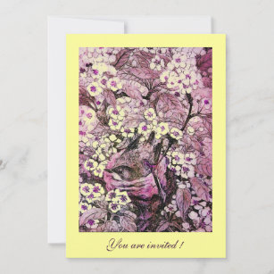 BIRD NEST,TREE WITH YELLOW RED PINK SPRING FLOWERS INVITATION