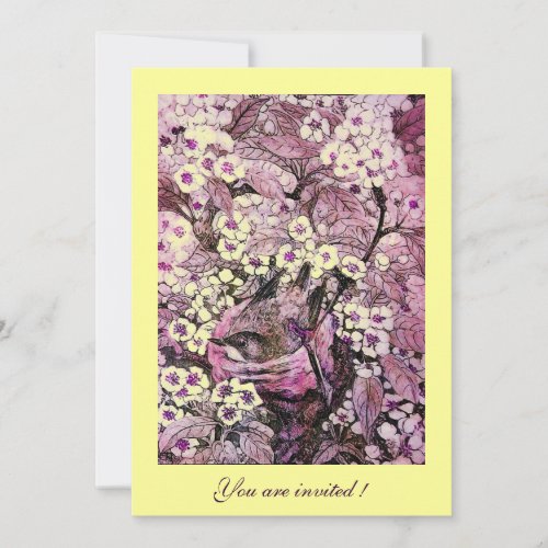 BIRD NESTTREE WITH YELLOW RED PINK SPRING FLOWERS INVITATION