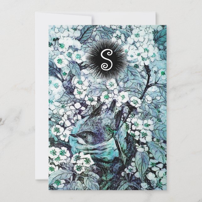 BIRD NEST,WHITE BLUE SPRING FLOWERS MONOGRAM ANNOUNCEMENT (Front)