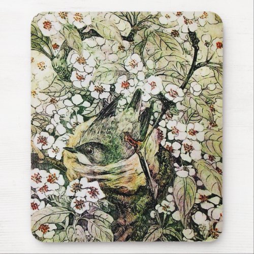 BIRD NEST white brown green yellow Mouse Pad