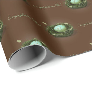 Bird Nest with Blue Speckled Egg Dark Brown Custom Wrapping Paper