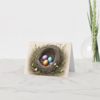 Bird Nest With Dyed Easter Eggs Retro Illustration Card by sirylok at Zazzle