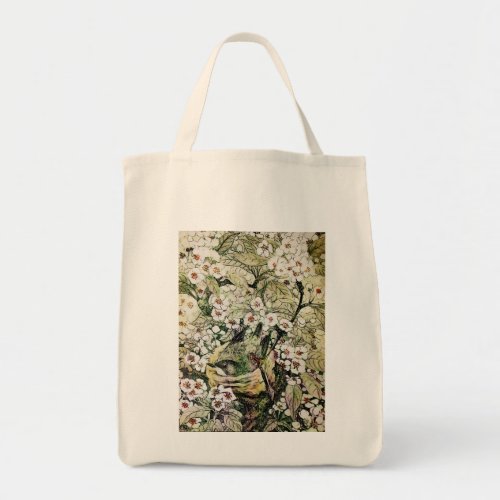 BIRD NEST WITH SPRING FLOWERS White Brown Floral Tote Bag