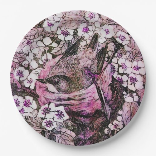 BIRD NESTAMONG SPRING FLOWERS Pink Lilac White Paper Plates