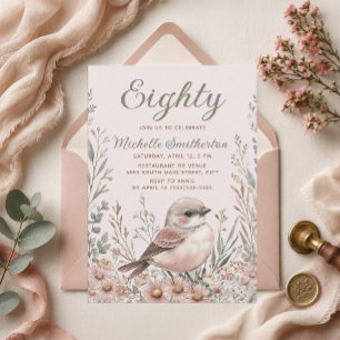 Bird Neutral Brown Green Floral 80th Birthday Invitation