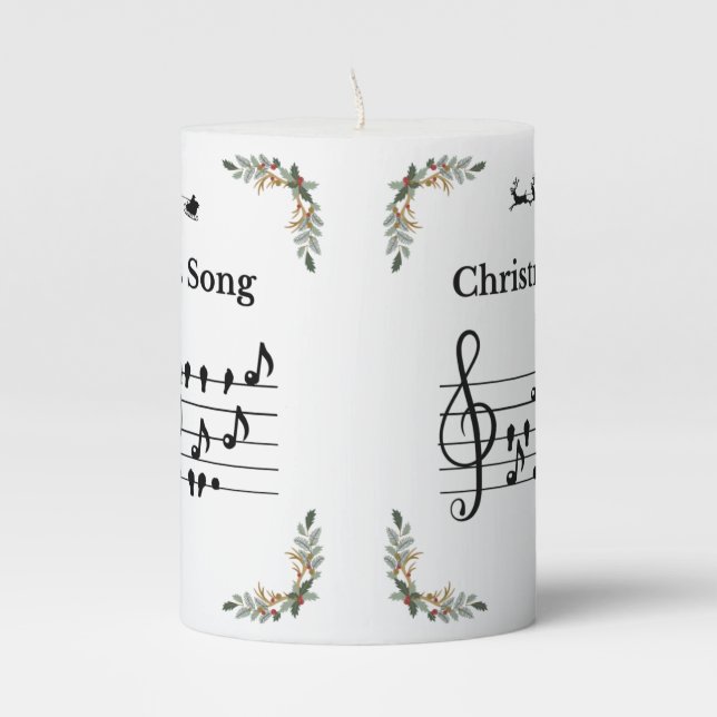 Bird Notes Holly Christmas Carol Music Pillar Candle (Front)