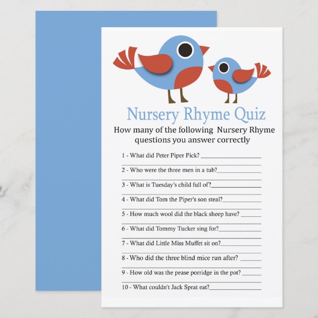 Bird Nursery Rhyme Quiz baby shower game (Front/Back)