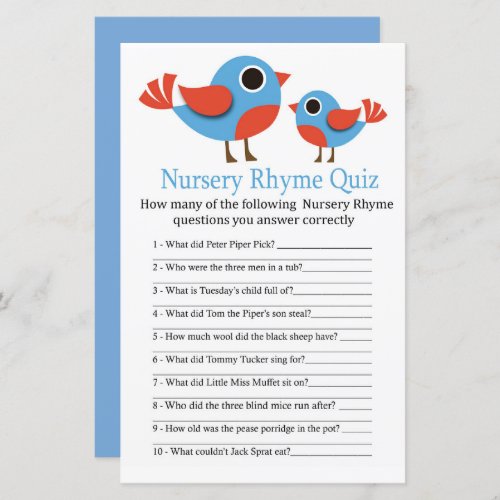 Bird Nursery Rhyme Quiz baby shower game