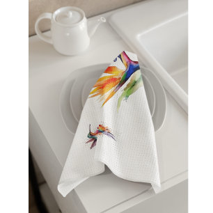 Bird of paradise and hummingbird in watercolor kitchen towel
