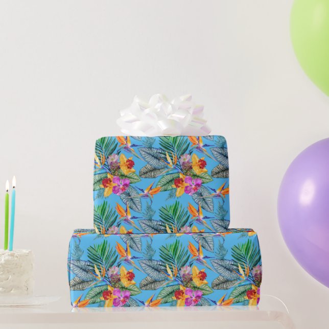 Bird Of Paradise And Orchid Summer Blue Garden Wrapping Paper (Party Gifts)