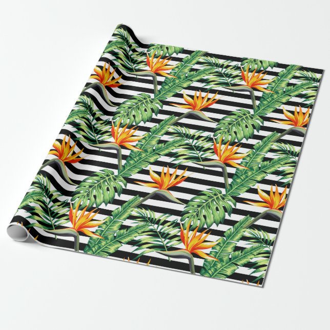 Bird of Paradise Black White Stripes Wrapping Pape Wrapping Paper (Unrolled)