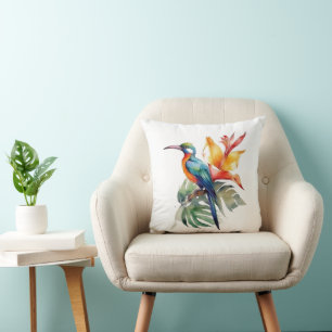 Bird of Paradise, colorful phantasy bird 'n flower Throw Pillow