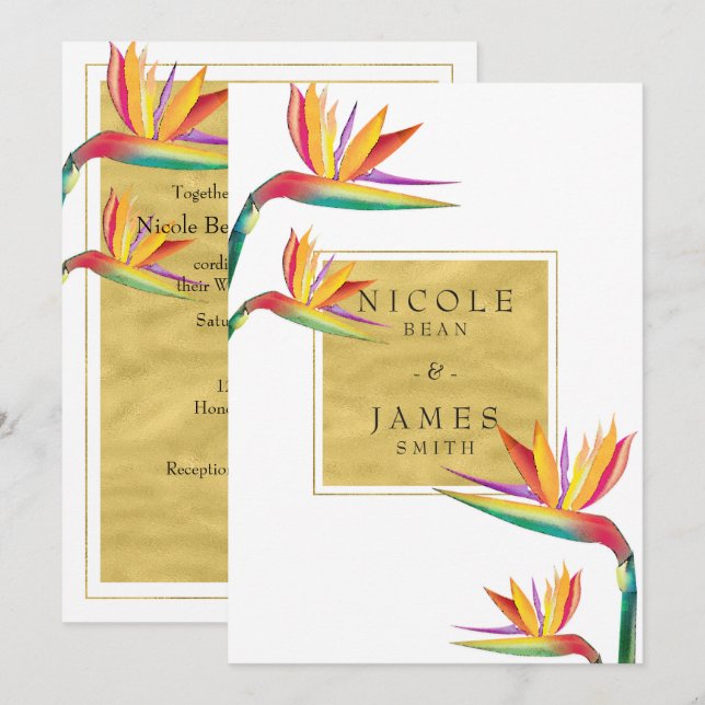 Bird of Paradise Elegant Gold White Wedding Invitation (Front/Back)