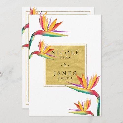 Bird of Paradise Elegant Gold White Wedding Invitation
