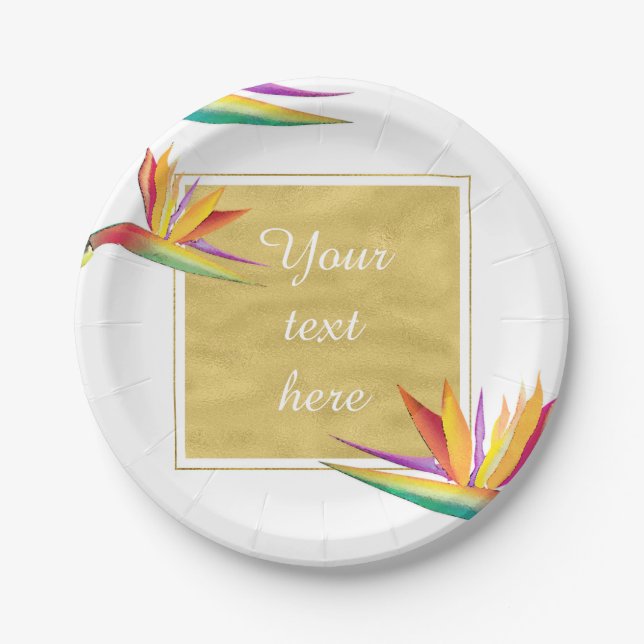 Bird of Paradise Elegant Gold White Wedding Paper Plates (Front)