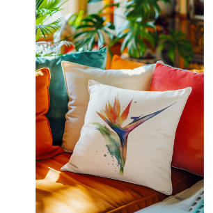 Bird of paradise exotic flower bright watercolor throw pillow