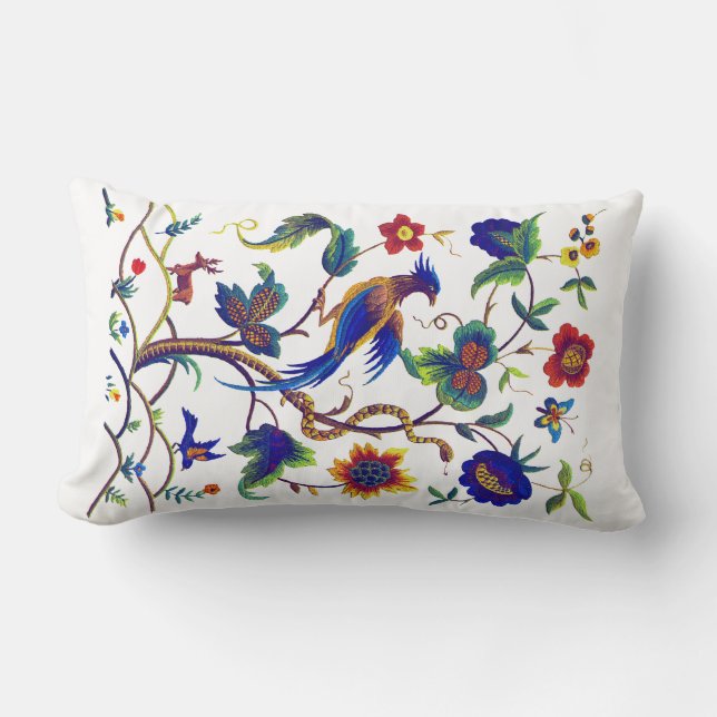 Bird of Paradise Faux Jacobean Embroidery Pillow (Front)