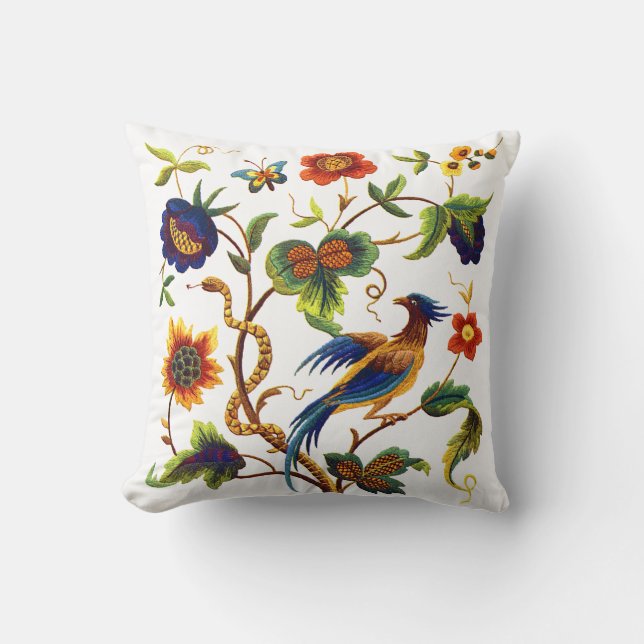 Bird of Paradise Faux Jacobean Embroidery Throw Pillow (Front)