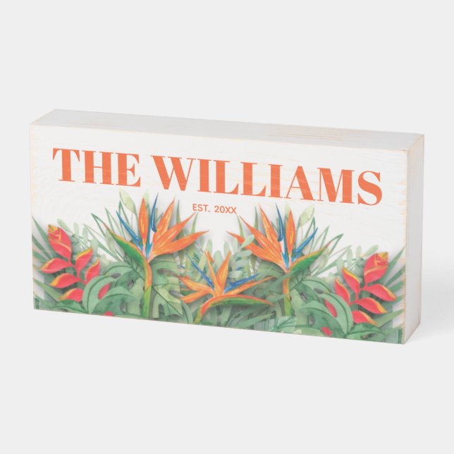 Bird of Paradise Floral Name Wooden Box Sign (Angled Horizontal)
