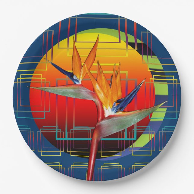 Bird of Paradise Flower Geometric Garden Paper Plates (Front)