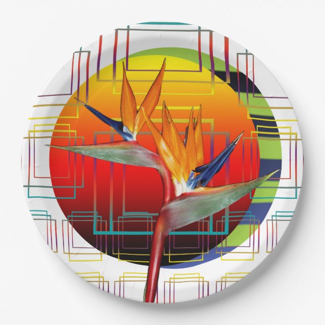 Bird of Paradise Flower Geometric Tropical Party Paper Plates (Front)