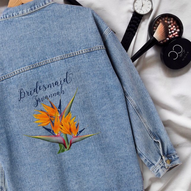 Bird of Paradise Flowers Bridesmaid Name Denim Jacket (Creator Uploaded)