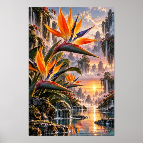 Bird of Paradise Flowers in Sunset Waterfall Valle Poster