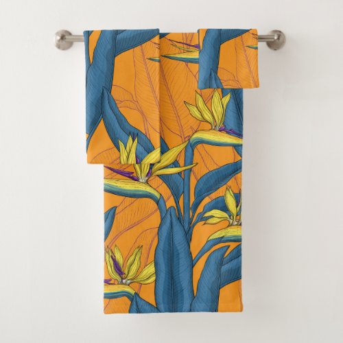 Bird of paradise flowers on orange bath towel set
