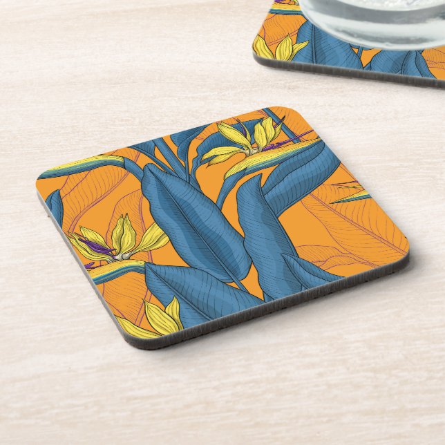 Bird of paradise flowers on orange beverage coaster (Left Side)