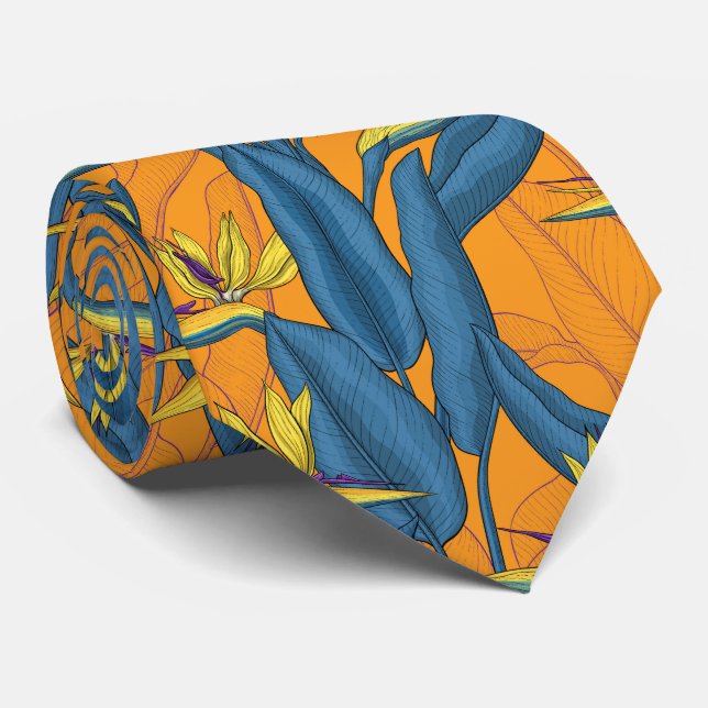 Bird of paradise flowers on orange neck tie (Rolled)