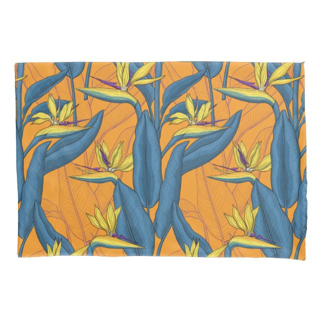 Bird of paradise flowers on orange pillow case (Front)