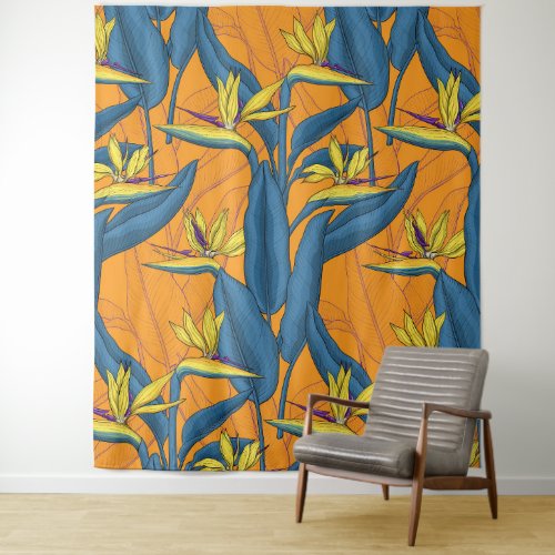 Bird of paradise flowers on orange tapestry