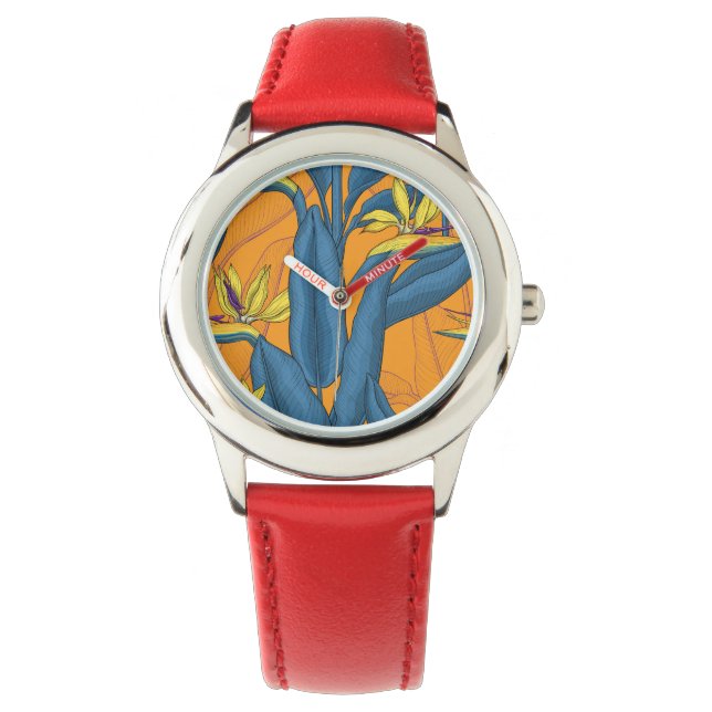 Bird of paradise flowers on orange watch (Front)
